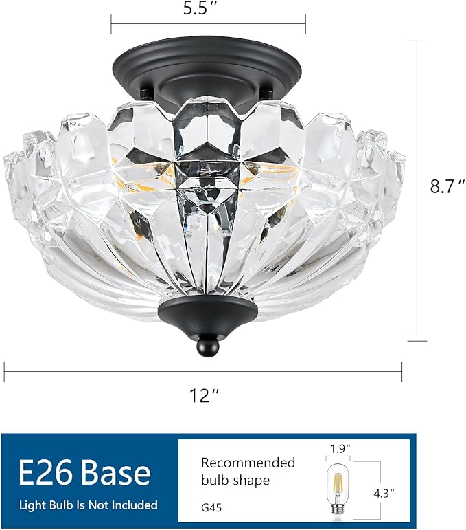 Semi Flush Mount Ceiling Light, 3-Light Kitchen Ceiling Lighting Fixtures with Clear Glass Lampshade, Black Modern Chandelier for Living Room Bedroom Hallway