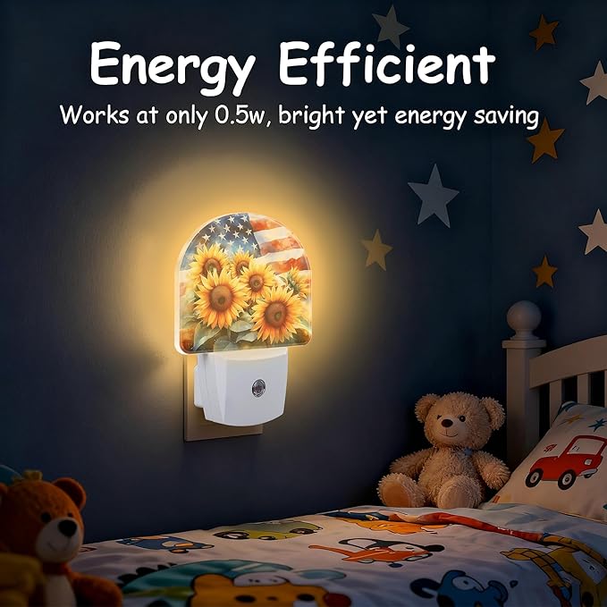 American Flag with Sunflowers Night Light, Dusk-to-Dawn Auto Sensor Plug in Night Light for Kids, 0.5W Energy Saving LED NightLights for Bedroom/Bathroom, Ideal Gifts for Women Men