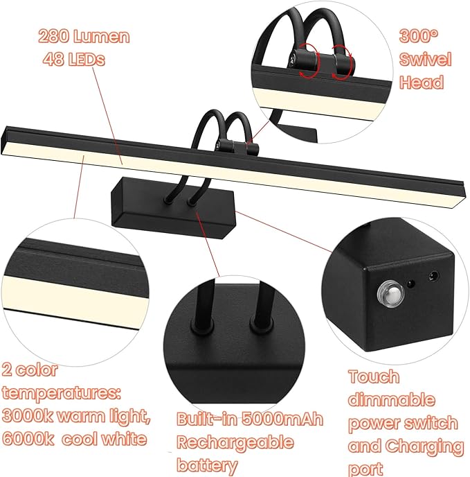 FUNCHDAY Dimmable Picture Light with Remote, 2 Colors Wireless Art Lights for Wall, 5000mAh Rechargeable Battery Gallery Pictures Lights, 16in Metal Display Light for Photo,Frame (Black)