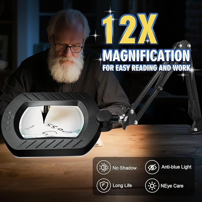 12X Square Magnifying Glass with Light and Stand with 144 LEDs Brightiness, 5 Color Modes Hands Free Lighted Magnifying Glass, 10 Dimmable Brightness Magnifying Desk Lamp for Close Work Craft Reading