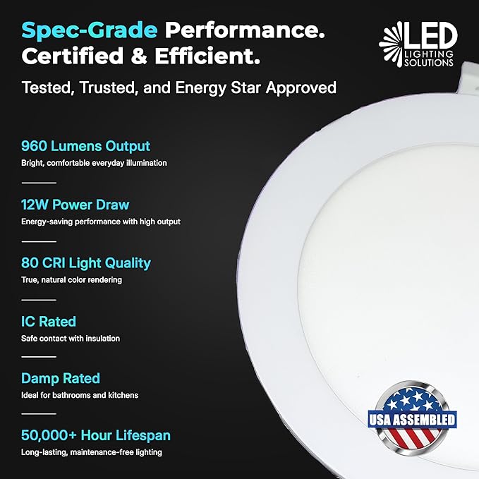LED & Lighting Solutions 6" Dimmable Ultra Slim, Battery Powered recessed Lights, 12W 960 Lumens, CCT Selectable 2700K-6000K, 6 Inch Ceiling Light w/ 90 Min Battery Backup, ETL/IC/Damp Rated.