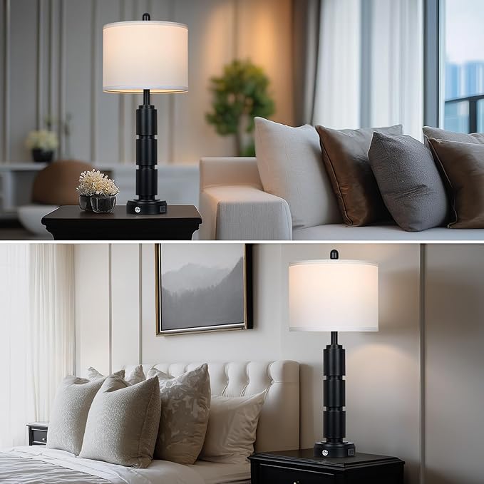 Set of 2 Modern Table Lamps for Living Room Bedroom,29" Tall Bedside Lamp with 2 USB Port,Black Metal Touch Nightstand Lamp for Desk End Side Table Entryway,Black