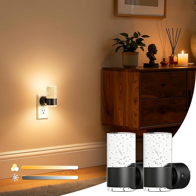VOLISUN Night Lights Plug into Wall, Dimmable LED Night Light 3 CCT & 5 Brightness Levels, Acrylic Bubble Nightlight with Dusk to Dawn Sensor for Hallway, Bathroom, Stair, Nursery Black 2 Pack