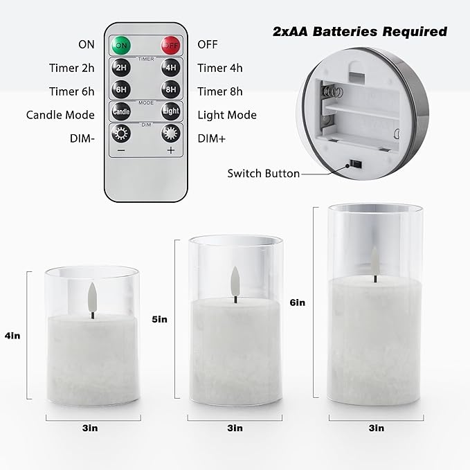 Ice Crystal Real Wax Glass Flameless Candles with Remote & Timer, Battery Operated Candles with Warm Flickering Flame, Realistic LED Candle for Wedding Home Decor [D3×H4/5"/6"] Clear, 3Pack