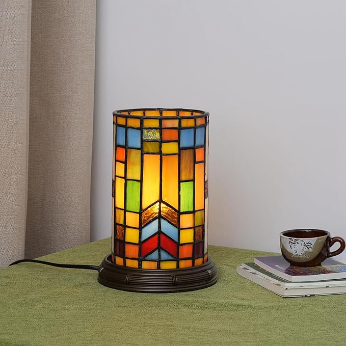 Tiffany Style Stained Glass Bohemian Block Table lamp Living Room Bedroom Bedside Flower Vase Decor Small Night Light Mini Cute Kids Accent Cottage Aesthetic Nightstand Cylinder Desk lamp