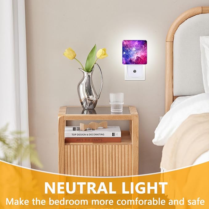Purple Galaxy Space Night Light, Plug-into Nightlight White LED Lamp, Energy Efficient Decor Desk Lamp for Bedroom Hallway Stairs Bathroom