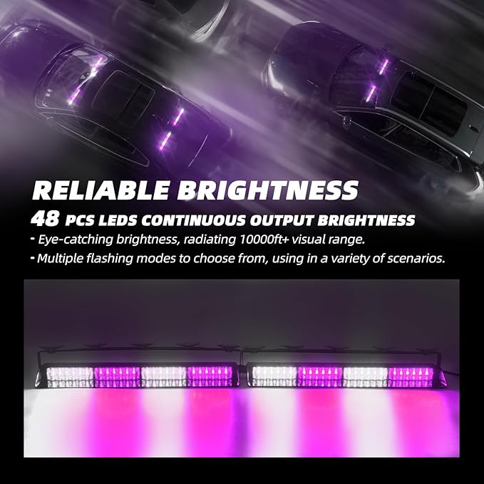 Purple/White 2 in 1 Funeral Escort Emergency Dash Strobe Light Bar, Front/Rear 48LEDs Interior Windshield Visor Safety Flashing Warning Hazard Lights for Funeral Escort Trucks Vehicles
