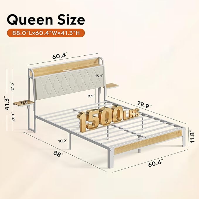 WLIVE Queen Bed Frame with Headboard, Upholstered Bed Frame with 2 Storage Shelves, Platform Bed with LED Lights and Charging Station, 1500LBS Mattress Foundation, No Box Spring Needed, Beige