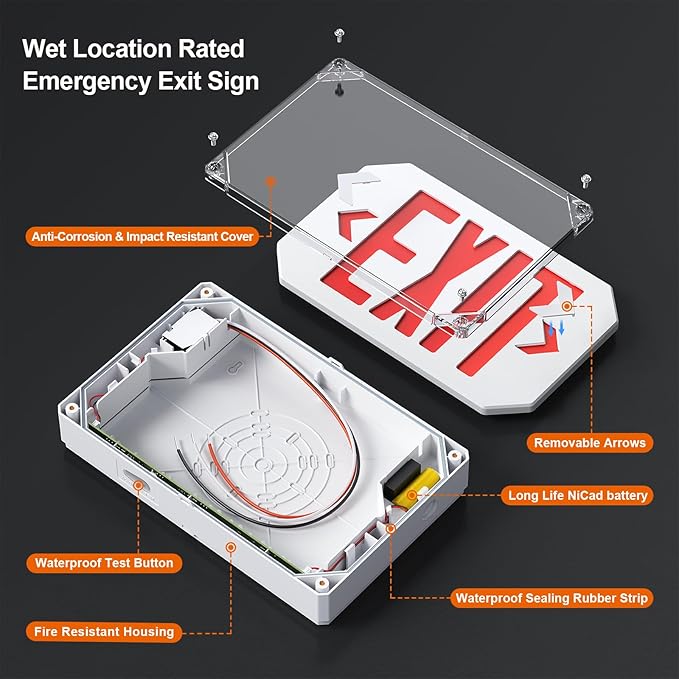 Wet Location Exit Sign,Exterior Weatherproof LED Exit Light with Battery Backup,Switchable Red/Green Colors,Double Sided Emergency exit sign,Outdoor Waterproof Hardwired Emergency Exit Light,120V/277VAC,UL Listed(1 Pack)