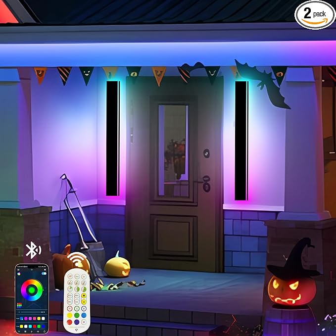 RGB Outdoor Wall Lights Exterior,39in 2PC Modern Outside Linear Wall Sconce,IP65 Waterproof Contemporary Proch Light with Remote and APP Control,Timer Schedule,for Garage and Entrance