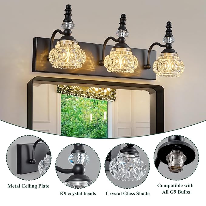 Modern Crystal Bathroom Vanity Light Black Vintage Bathroom Light Fixtures 3-Lights Glass Crystal Vanity Lights