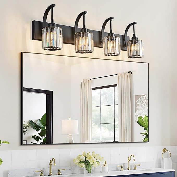 4-Light Crystal Vanity Light, Modern Black Bathroom Wall Sconce with K9 Crystal Shades, 32.67" Long Over Mirror Lighting for Vanity, Makeup, Hallway, Elegant & Easy Install