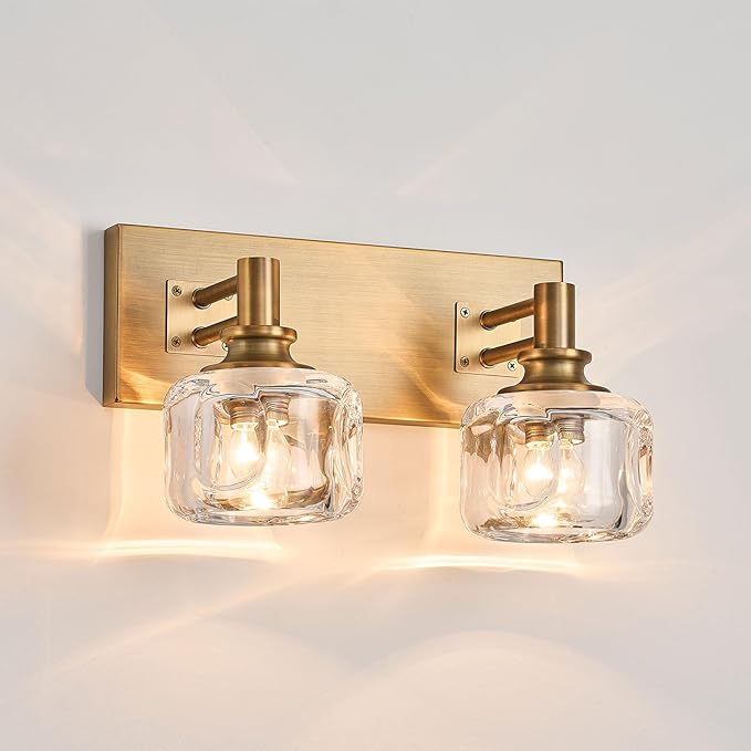 Bathroom Vanity Light Over Mirror 13.4" Vintage Crystal Glass Vanity Light 2 Lights Brass Antique Bathroom Light Fixtures(7.7 pounds