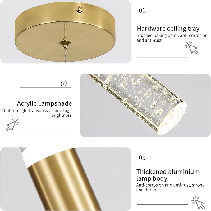 3 Pack Modern Kitchen Island Pendant Lights, Gold Bubble Crystal Ceiling Hanging Light, 3 Color 2700K/4500K/6500K, Mini Linear LED Chandelier Lighting for Dining Room, Bedroom, Bar, Hallway, Bedside