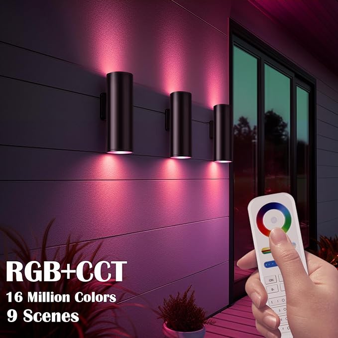 Up Down Outdoor Lights,Remote Control RGB Color Changing RGBCCT Sconces Wall Lighting Exterior Light Fixture - 2 Light Bulbs A19 Included,Outdoor Lights for House, Porch, Patio and Garage (3 PACK)