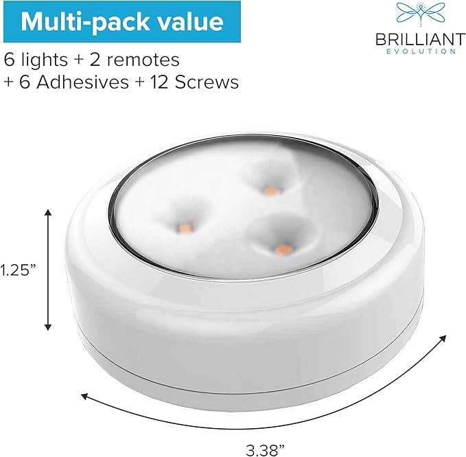 Brilliant Evolution 6-Pack Wireless RGB LED Lights - Battery Operated Puck Lights with 2 Remotes - Color-Changing LED Under Cabinet Lighting - 55 Lumens Each Night Light for Cabinets, Shelves, Walls