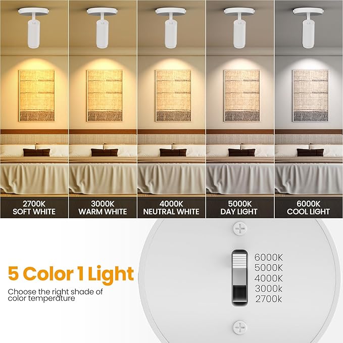 10W Zoomable 5-Color LED Ceiling Spotlight White Directional Ceiling Light Indoor Adjustable Ceiling Spot Light Fixture Dimmable Flush Mount Accent Lighting 15-60° for Kitchen 1000lm CRI90