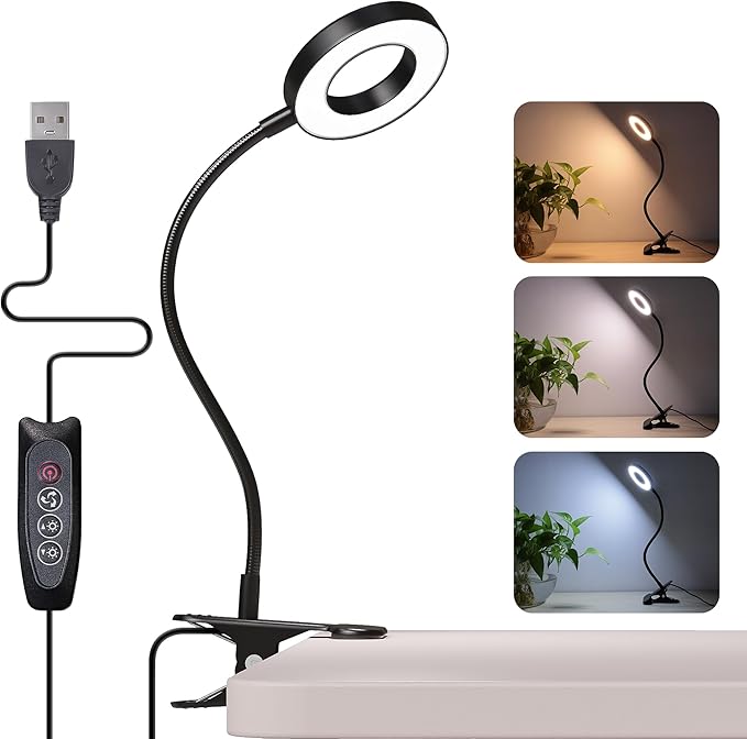 Foneso Desk Lamp Clip on Light, 48 LED USB Lamp with 3 Color Modes 10 Brightness Levels, 360° Flexible Gooseneck Eye Protection Bed Night Light for Reading, Makeup, Craft (Black)