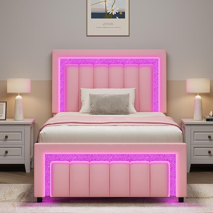 HOMBCK Twin Bed Frames with LED Lights and Velvet Upholstered Headboard, Twin Size Bed Frame with Modern Diamond Headboard Adjustable, Wooden Slats Support, Noise Free, No Box Spring Needed, Pink
