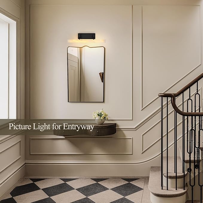 Alabaster Picture Lights for Wall, 20in Spanish Marble Picture Light Hardwired, Black Vanity Lights for Bathroom, Dimmable Modern Wall Lighting Gallery Light for Paintings, Bookshelf, Poster Display