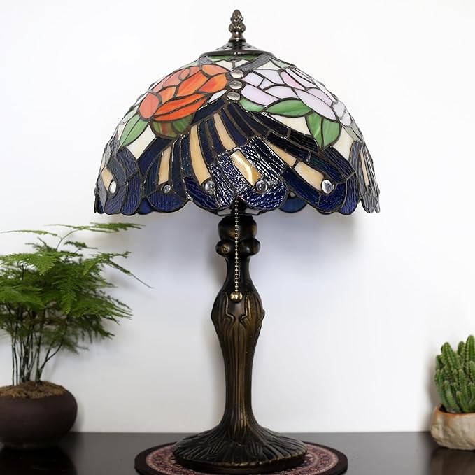 Tiffany Lamp Stained Glass Table Lamp 12” x 19” Rose Feather Style Decorative Lamp Bedside Reading Lamp for Desk Living Room Bedroom Office Study Light Home Decor Gift