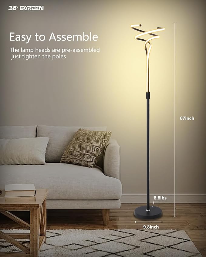 LED Floor Lamp Remote Control, 67'' Modern Spiral Floor Lamps for Living Room 3 Color Temperature 40W Black Dimmable Tall Standing Light Arched Bright Unique Indoor Corner Lamps