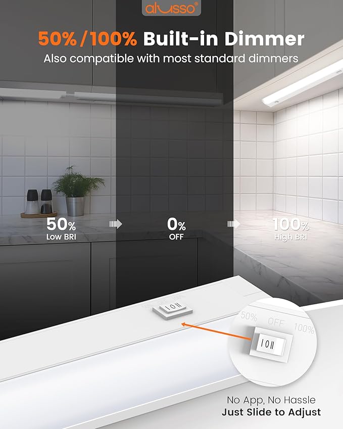 ALUSSO LIGHTING® 24 Inch LED Under Cabinet Lighting Hardwired & Plug in, 5CCT Color Selectable 2700K-5000K Dimmable 15W 1350LM High Brightness, Linkable Strip Under Counter Lights for Kitchen, 2 Pack