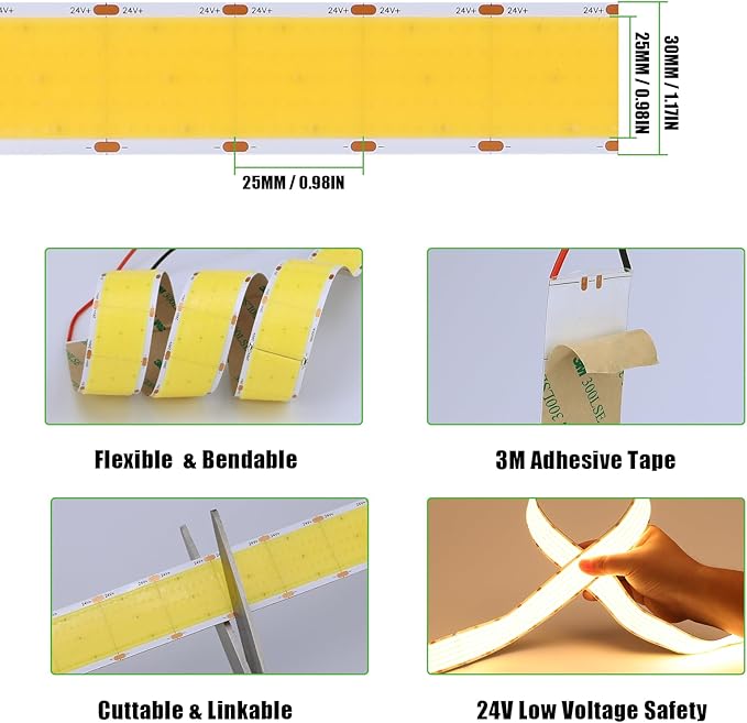 JOYLIT 30MM Wide COB LED Strip Lights 24V Natural White 4000K 16.4FT/5M 8000LEDs 22000LM Ultra Bright, 5 Rows LED Tape Light CRI 90+ 160W Dimmable Indoor Light Strip for Commercial, Home, Industrial