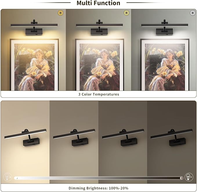 Wireless Picture Lights for Wall Battery Operated Art Lighting for Paintings Rechargeable Gallery Lights with Remote and Timer Cordless Painting Lights for Artwork, 16'' Inch 3CCT Dimmable, Black