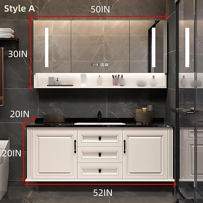 52IN Bathroom Vanity with Single Sink - Open Style Storage Shelves & Side Cabinets | Wall Mounted Bathroom Vanities Set, Time Display Mirror Cabinet Includes Defogging & Lighting Functions (Style A)