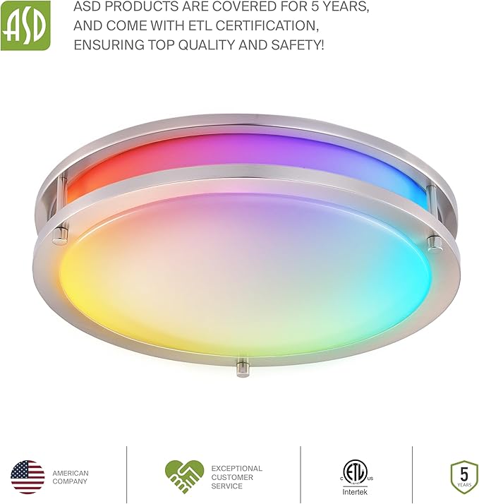 ASD LED 14" Round Flush Mount Lighting, Close to Ceiling Light Fixture | Smart, Multicolor, Dimmable, ETL Listed | 21W 1430LM RGB-2700-6500K 120V | Low Profile Double Ring Lamp | Nickel, 4 Pack