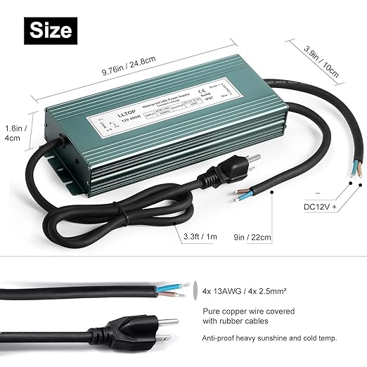 LED Driver 400 Watts 110V/120V AC to 12V DC 33.3A Power Supply Waterproof Low Voltage Transformer Converter for Indoor Outdoor LED Lights