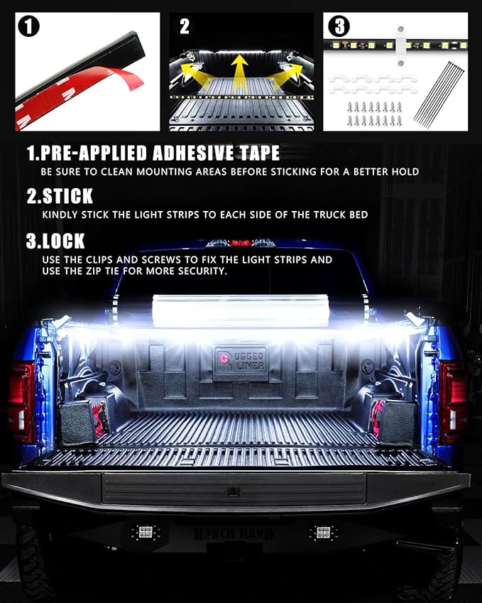 Qasim Truck Bed Light Strip 3PCS 60" Inch 270 LEDs White Led Strip Lights Waterproof for Truck Cargo Pickup Van SUV RV Boat Lights, with On/Off Switch Blade Fuse