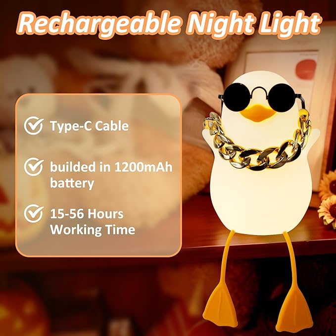 Duck Night Light for Kids, Cute Benson Ducks Gifts, Squishy Touch Silicone Animal Nursery Bedside Lamp Goose Gifts, Dimmer & Rechargeable, Birthday Gifts for Boys Girls Women Teen(Hip Hop Duck)