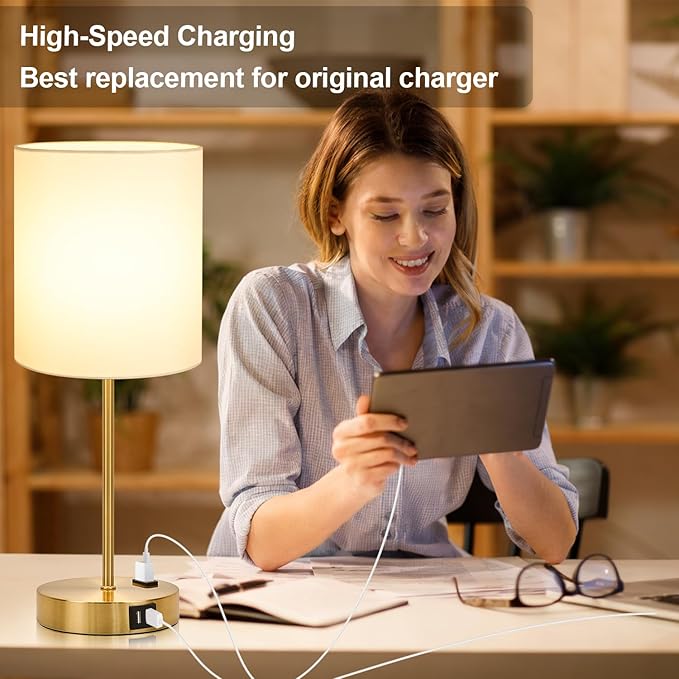 Lynnoland Set of 2 Touch Control Table Bedside Lamps with 2 USB & AC Outlet, 3-Way Dimmable Bedside Nightstand Lamps for Bedroom Living Room Nursery, 800 Lumens 3000K Warmlight Bulbs Included