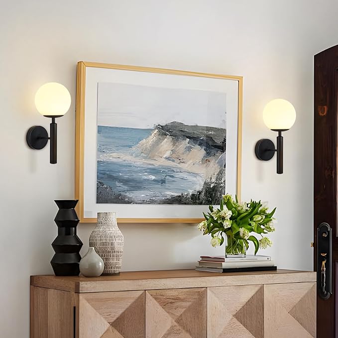 KCO Lighting Modern Wall Sconce Golden Mid Century Industrial Matte Globe Glass Wall Light for Bedroom Vanity Light (Black)