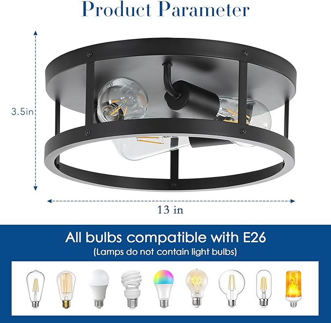 Black Flush Mount Ceiling Light Fixtures,3-Light Modern Hallway Light Fixtures Ceiling, 13 inch Black Light Fixture Ceiling Mount for Farmhouse,Kitchen, Bedroom 2 Pack