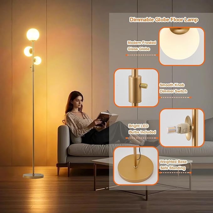 Fiqevs Upgrade Dimmable Floor Lamp, 3 Globe Mid Century Floor Lamps for Living Room with Frosted Glass Shade and 3 LED Bulbs, Vintage Modern Gold Standing Lamp for Bedrooms, Office - Antique Brass