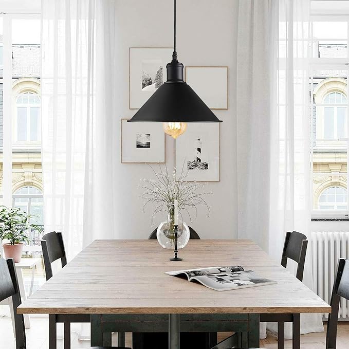 Black with White Interior Cone Pendant Light Shades Metal Farmhouse Hanging Light Fixture Replacement Lamp Shades for Ceiling Fan or Kitchen Island Lighting (Black inner White, Pack of 2)