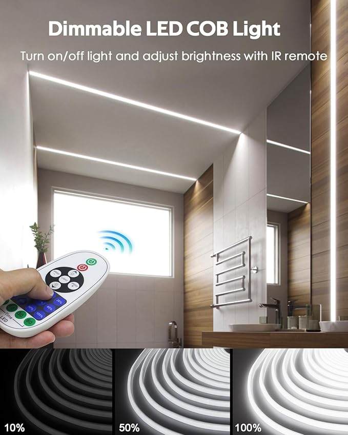32.8FT Outdoor LED Rope Light Waterproof COB LED Strip Lights for Indoor 6000K Cold White AC 110V/120V Dimmable Connectable LED Flexible Light Strip for Indoor Garden Building Commerical Decor
