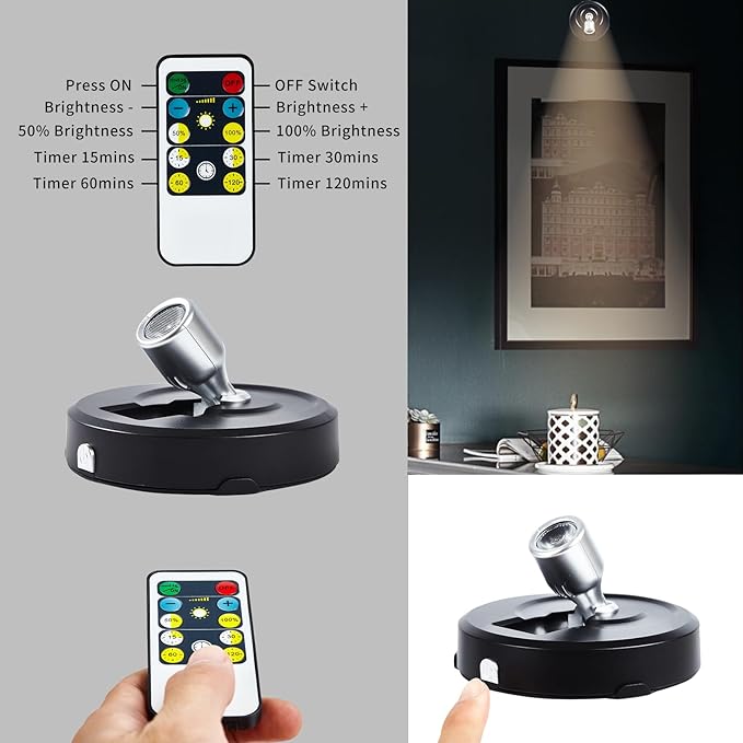 4-Pack Wireless LED Spotlight, Battery Powered Picture Lights, Plants Spot Light, Puck Lights with Remote, Indoor Uplights for Wall Art Display Dartboard Painting Artwork Closet Accent