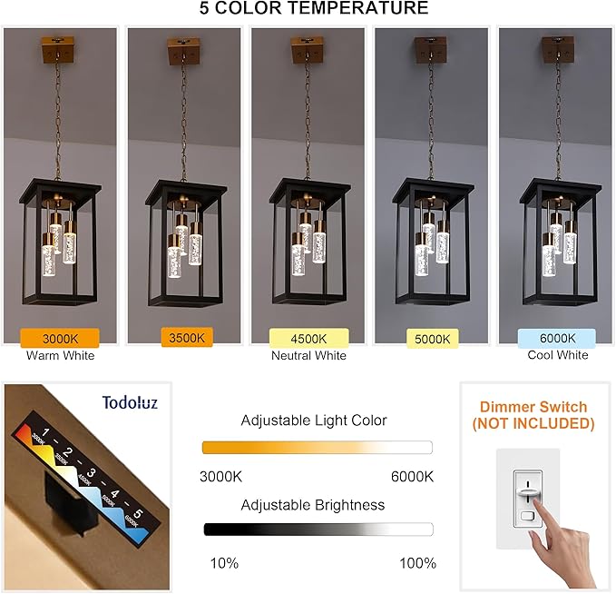 TODOLUZ 5CCT LED Large Outdoor Pendant Light Fixtures, 3-Light LED Integrated Bulbs Included Modern Outdoor Hanging Lighting Ceiling, Clear Glasss Outside Chandelier for Porch Gazebo Entryway