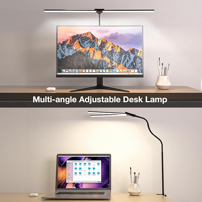 LED Desk Lamp for Home Office, Bright Double Head Desk Light with Clamp, Dimmable 5 Color Modes Task Lighting, Eye-Caring Architect Table Lamp for Workbench, Monitor, Reading, Study, 1400lm