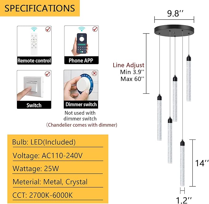 Crystal Pendant Light Mini Chandelier Bubble Pendant Lighting for Kitchen Island Black LED Ceiling Hanging Light Bathroom Dining Room Corridor Dimmable Flush Mount Ceiling Light Dimmable 2700K 6000K
