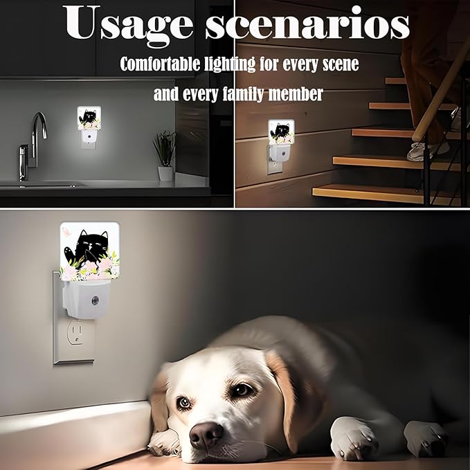 Black Cat and Flowers Night Light,Plug Into Wall for Boys Girls Bedroom Decorative Square Night Light Lamp 0.5w Sleep Friendly