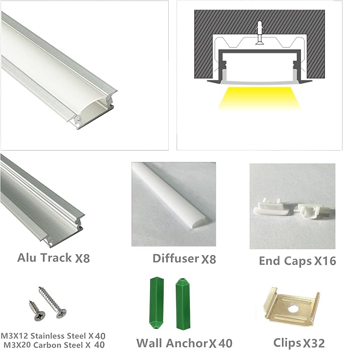 Recessed LED Strip Channel Diffuser 8-Pack 6.56FT,23.5X7MM Tape Aluminum Track with Flange,Flush Mounted Wardrobe Bookcase Wine Cabinet Groove Intergrated Low Profile (6.56FT, Silver, 8)