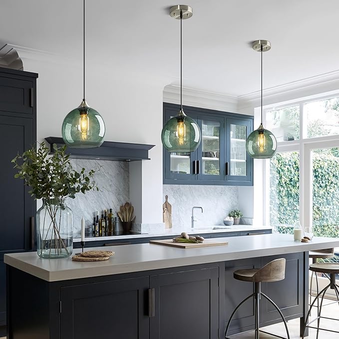 Gray Green Glass Pendant Lights Kitchen Island Lighting Globe Pendant Light Fixtures Modern Pendant Lighting for Bedroom Living Dining Room Light Fixture(7.87in, 2 Pack)