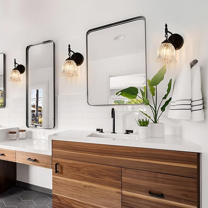 CVKASH 1-Light Vintage Wall Sconces Black Modern Barthroom Vanity Light with Glass Shade Wall Light for Farmhouse Hallway Living Room Bedroom Cabinet