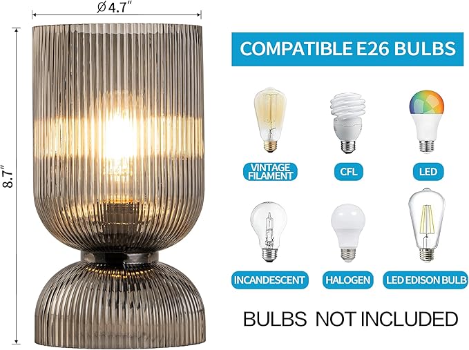 Modern Table Lamp,Glass Mid Century Lamp with Smoky Gray Glass Shade, Bedside Lamp with On/Off Switch, Minimalist Nightstand Lamp for Bedroom, Living Room, Office (Bulb not Included)