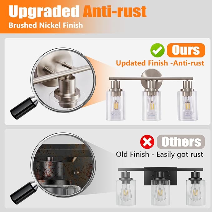 DLLT 3-Light Bathroom Light Fixtures: Nickel Modern Vanity Lights with E26 Bulbs - Clear Glass Shade Bathroom Wall Lamp for Mirror Kitchen Living Room Hallway Cabinet Porch
